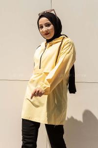 Modalamelif Önü Yarım Fermuarlı Kapüşon Detaylı  Tunik Sarı