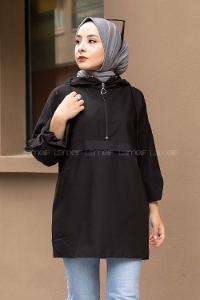Modalamelif Önü Yarım Fermuarlı Kapüşon Detaylı  Tunik Siyah