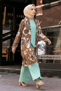 Modalamelif Desenli Kaşkorse Üçlü Pantolon Takım Su Yeşili