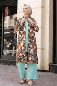 Modalamelif Desenli Kaşkorse Üçlü Pantolon Takım Su Yeşili