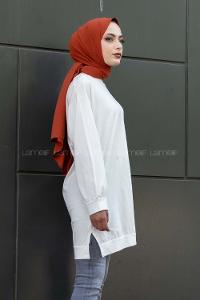 Modalamelif Kelebek Baskılı Yırtmaçlı Uzun Tunik Beyaz