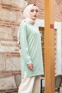 Modalamelif Kelebek Baskılı Yırtmaçlı Uzun Tunik  Çağla Yeşili