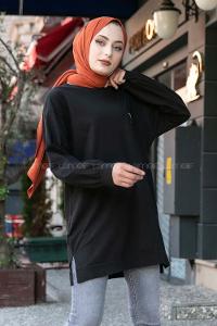 Modalamelif Kelebek Baskılı Yırtmaçlı Uzun Tunik Siyah