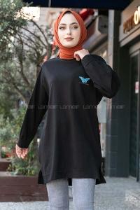 Modalamelif Kelebek Baskılı Yırtmaçlı Uzun Tunik Siyah