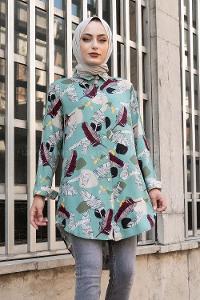 Modalamelif Önü Boydan Düğmeli Yaprak Desenli Gömlek Pastel Yeşili