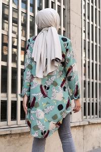 Modalamelif Önü Boydan Düğmeli Yaprak Desenli Gömlek Pastel Yeşili