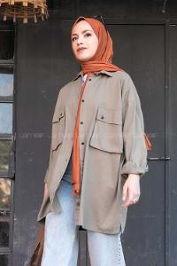 Modalamelif Önü Düğmeli Kapak Cepli Gabardin Gömlek Haki