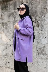 Modalamelif Önü Düğmeli Kapak Cepli Gabardin Gömlek Lila