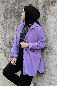 Modalamelif Önü Düğmeli Kapak Cepli Gabardin Gömlek Lila