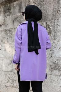 Modalamelif Önü Düğmeli Kapak Cepli Gabardin Gömlek Lila