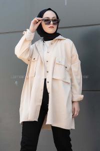 Modalamelif Önü Düğmeli Kapak Cepli Gabardin Gömlek Taş