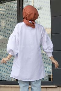 Modalamelif Önü Yarım Düğmeli Pile Detaylı Tunik Beyaz