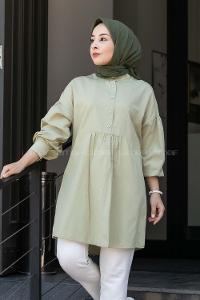 Modalamelif Önü Yarım Düğmeli Pile Detaylı Tunik Çağla Yeşili