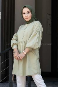 Modalamelif Önü Yarım Düğmeli Pile Detaylı Tunik Çağla Yeşili