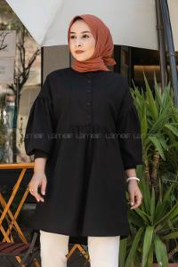 Modalamelif Önü Yarım Düğmeli Pile Detaylı Tunik Siyah