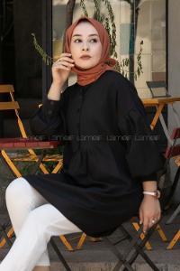 Modalamelif Önü Yarım Düğmeli Pile Detaylı Tunik Siyah