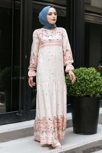 Modalamelif Yaka Bağlamalı Çiçek Desenli Elbise Krem