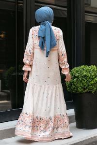 Modalamelif Yaka Bağlamalı Çiçek Desenli Elbise Krem