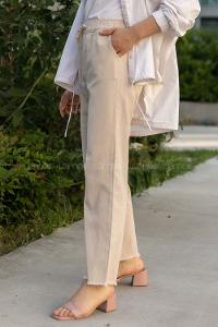 Modalamelif Beli Lastikli Paçası Püsküllü Salaş Pantolon Krem