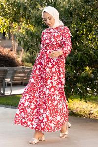 Modalamelif Bisiklet Yaka Beli Kuşaklı Elbise Kırmızı