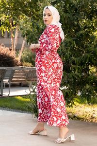 Modalamelif Bisiklet Yaka Beli Kuşaklı Elbise Kırmızı