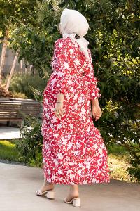 Modalamelif Bisiklet Yaka Beli Kuşaklı Elbise Kırmızı