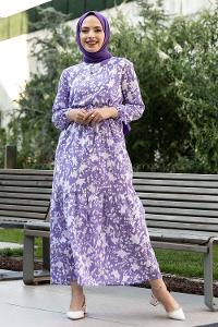 Modalamelif Bisiklet Yaka Beli Kuşaklı Elbise Lila