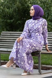 Modalamelif Bisiklet Yaka Beli Kuşaklı Elbise Lila