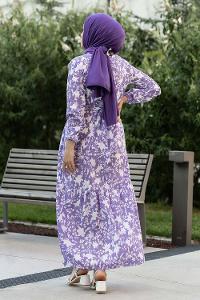 Modalamelif Bisiklet Yaka Beli Kuşaklı Elbise Lila