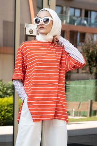 Modalamelif Bisiklet Yaka Çizgili Salaş T-Shirt Oranj