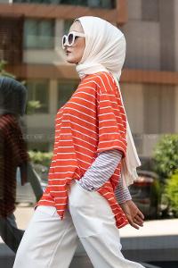 Modalamelif Bisiklet Yaka Çizgili Salaş T-Shirt Oranj