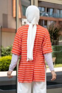 Modalamelif Bisiklet Yaka Çizgili Salaş T-Shirt Oranj
