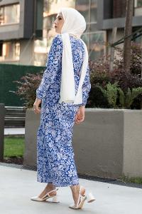 Modalamelif Çiçek Motifli Kuşak Bağlamalı Elbise İndigo