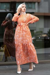 Modalamelif Çiçek Motifli Kuşak Bağlamalı Elbise Oranj