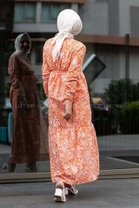 Modalamelif Çiçek Motifli Kuşak Bağlamalı Elbise Oranj