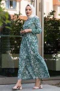 Modalamelif Çiçek Motifli Kuşak Bağlamalı Elbise Yeşil