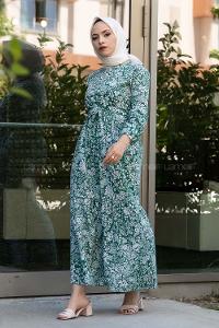 Modalamelif Çiçek Motifli Kuşak Bağlamalı Elbise Yeşil