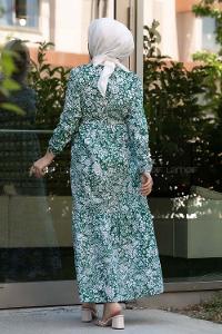 Modalamelif Çiçek Motifli Kuşak Bağlamalı Elbise Yeşil