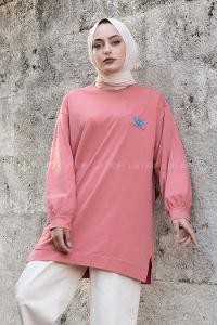 Modalamelif Kelebek Baskılı Yırtmaçlı Uzun Tunik Gül