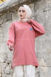 Modalamelif Kelebek Baskılı Yırtmaçlı Uzun Tunik Gül