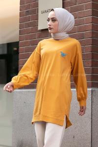 Modalamelif Kelebek Baskılı Yırtmaçlı Uzun Tunik Hardal Sarısı