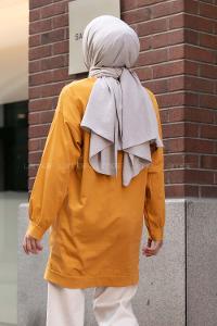 Modalamelif Kelebek Baskılı Yırtmaçlı Uzun Tunik Hardal Sarısı