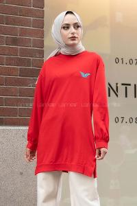 Modalamelif Kelebek Baskılı Yırtmaçlı Uzun Tunik Kırmızı