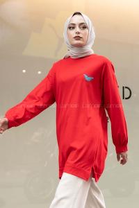 Modalamelif Kelebek Baskılı Yırtmaçlı Uzun Tunik Kırmızı