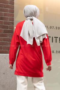 Modalamelif Kelebek Baskılı Yırtmaçlı Uzun Tunik Kırmızı