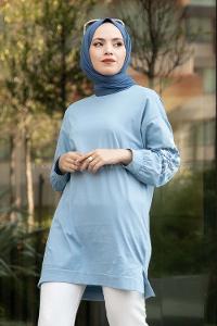 Modalamelif Kolu Nakış İşlemeli Tunik Mavi