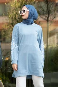 Modalamelif Kolu Nakış İşlemeli Tunik Mavi