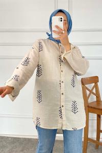 Modalamelif Motif İşlemeli Önü Kısa Arkası Uzun Gömlek Taş