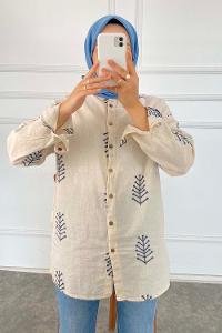 Modalamelif Motif İşlemeli Önü Kısa Arkası Uzun Gömlek Taş