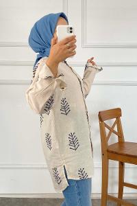 Modalamelif Motif İşlemeli Önü Kısa Arkası Uzun Gömlek Taş